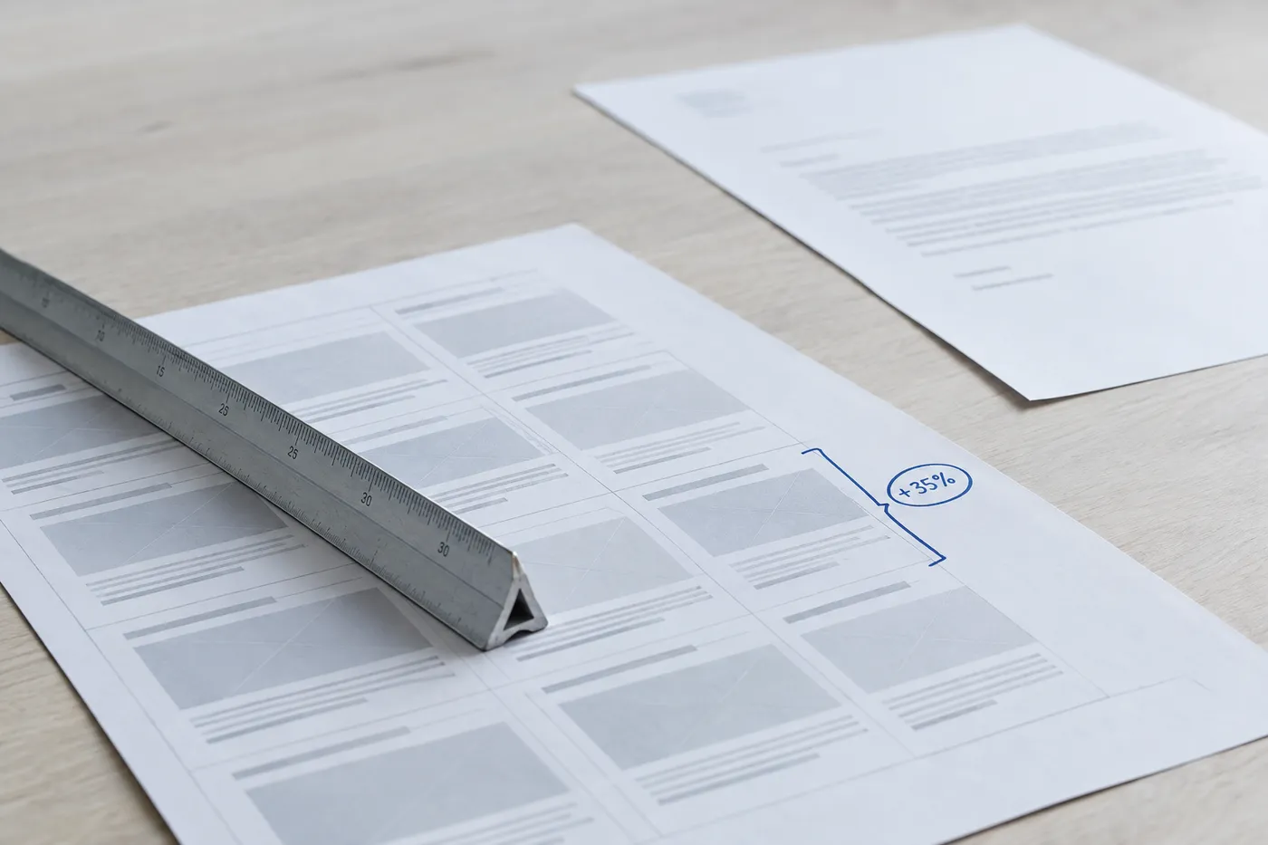 A metal scale ruler on a printed layout sheet with handwritten blue annotations, highlighting design metrics.