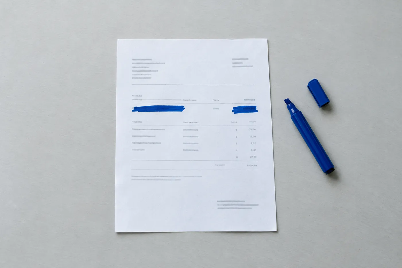 A flat-lay view of a cover letter draft with sensitive deal details crossed out in thick blue marker.
