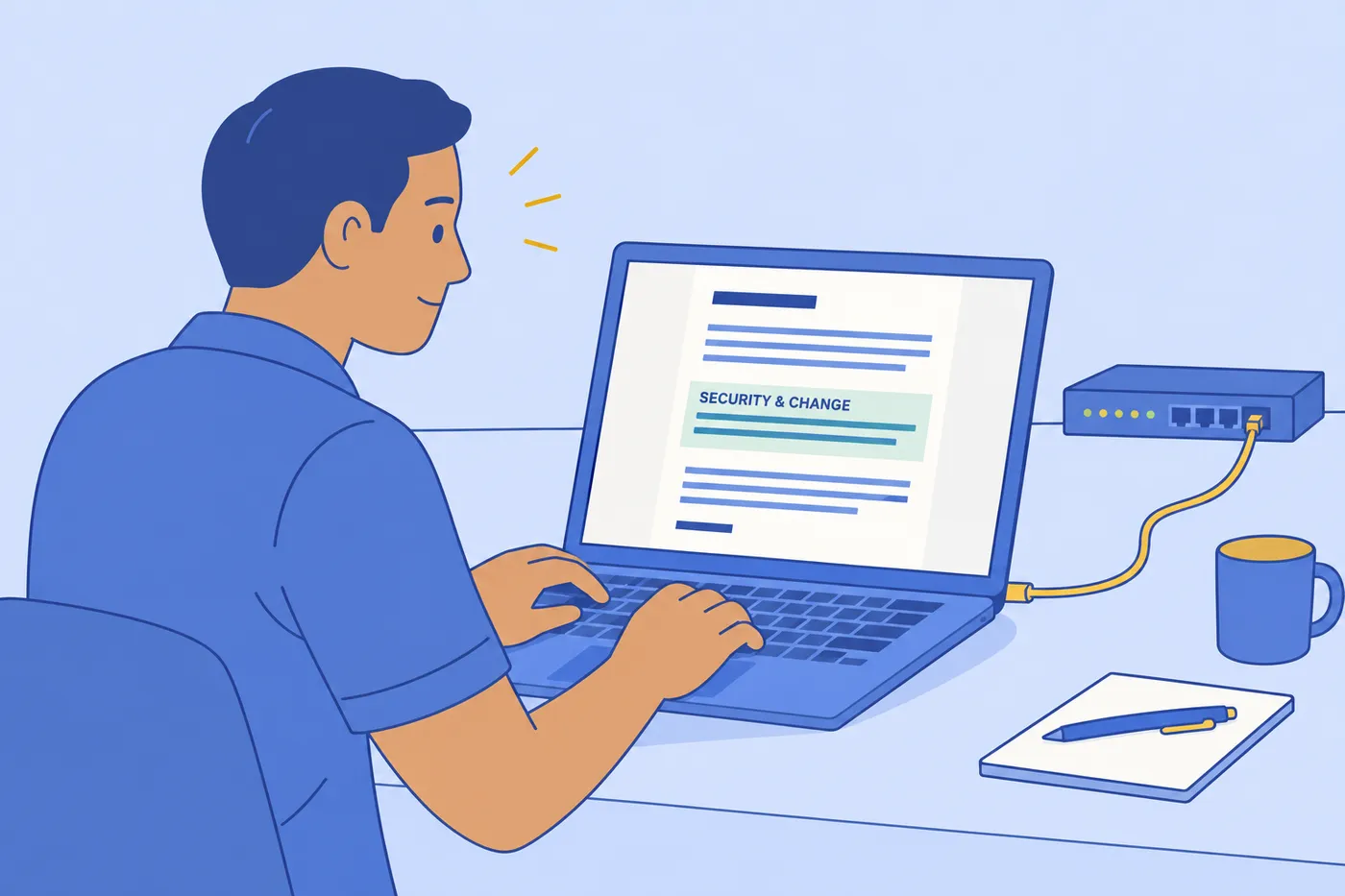An IT engineer edits a cover letter highlighting his security and change management experience on a laptop screen.