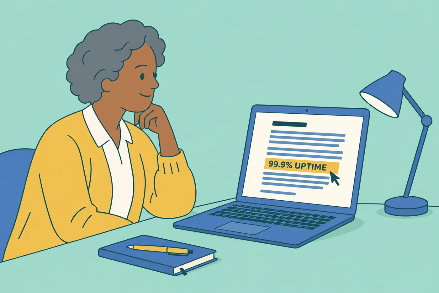 An IT engineer reviews her cover letter on her laptop, highlighting a 99.9% uptime metric to build trust.