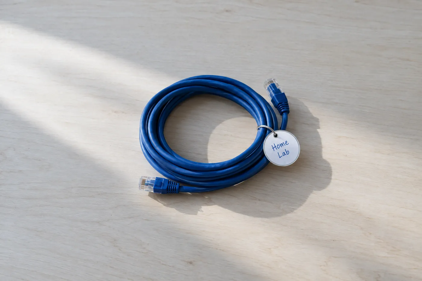 A neatly coiled blue ethernet cable on a pale wood desk, bearing a hand-written tag that reads "Home Lab."