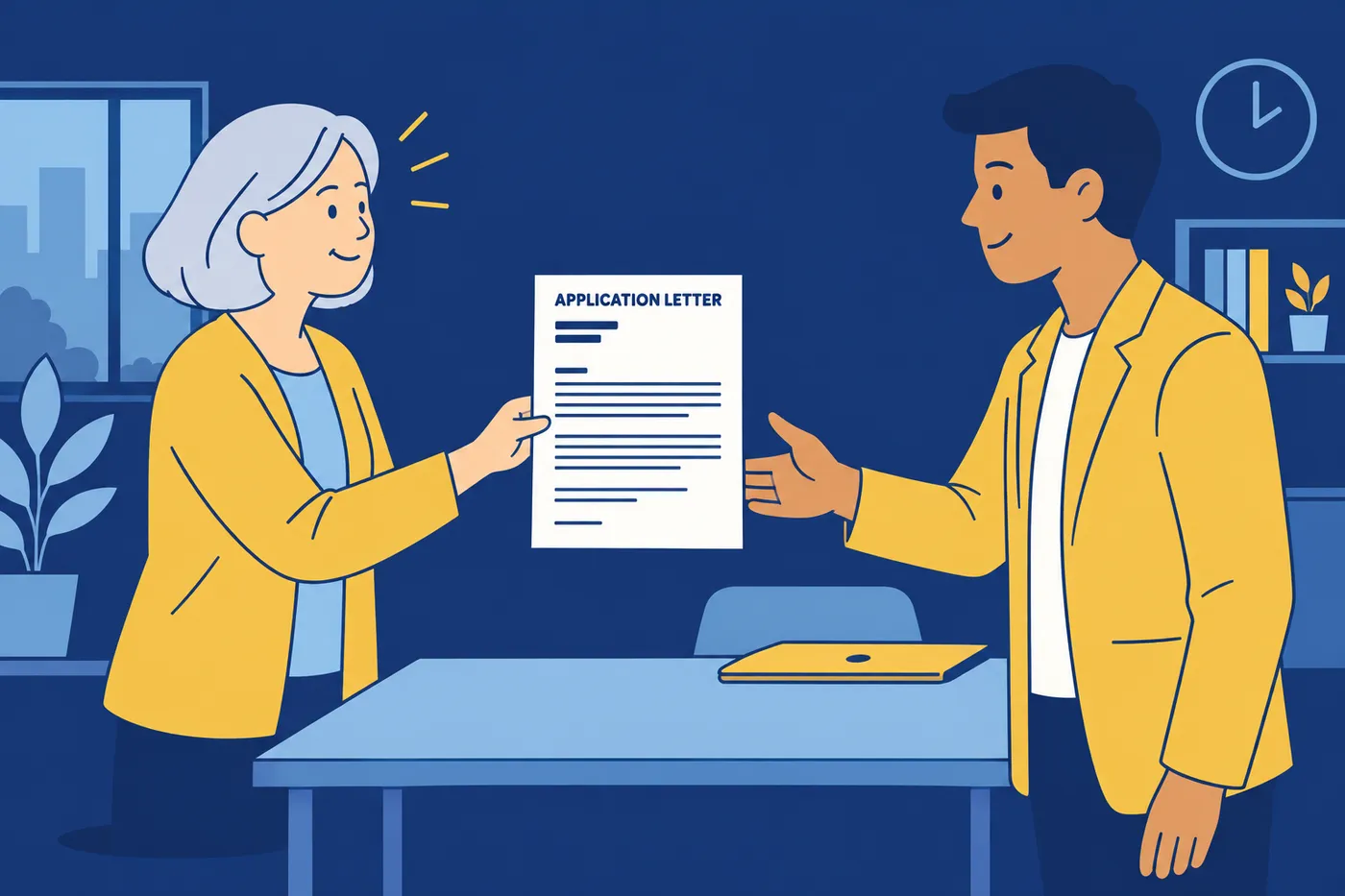A job candidate in her sixties hands a neatly formatted job application letter to a hiring manager across a desk.