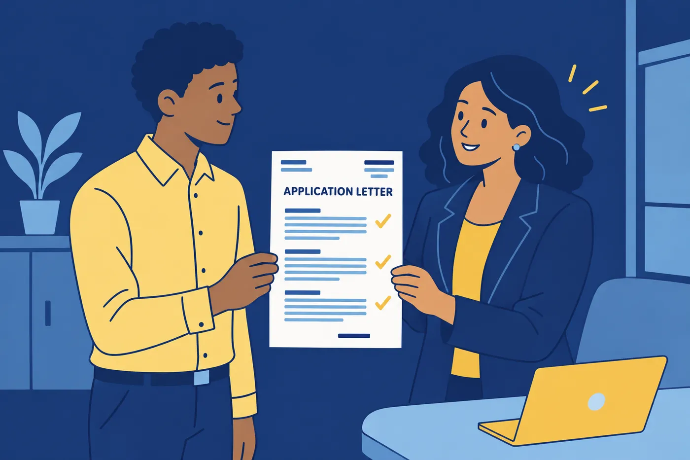 A job seeker hands an application letter with checkmarks to an employer, matching the job notice requirements.
