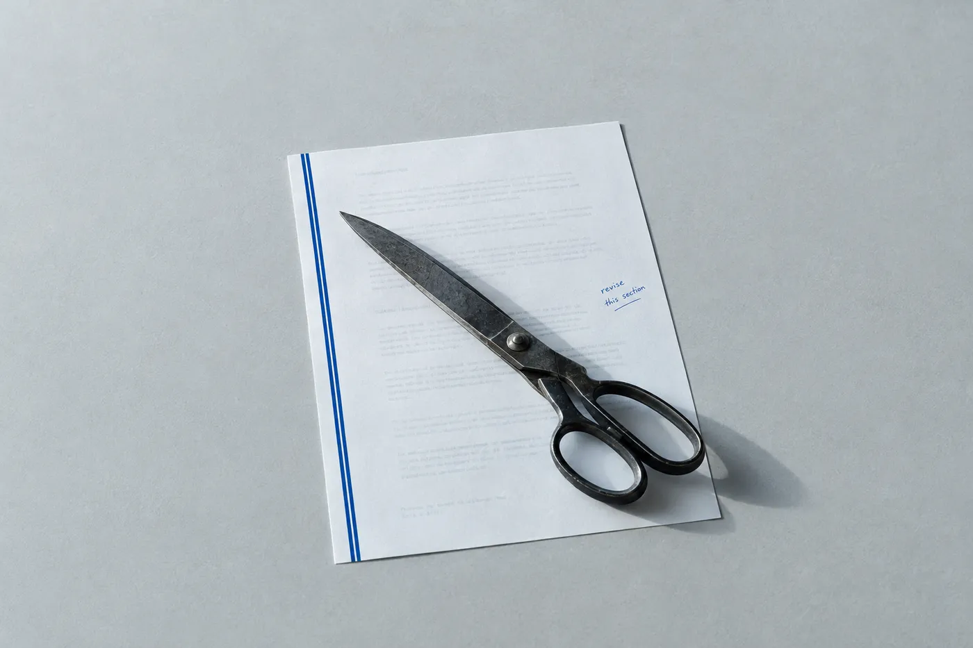 Dark steel shears resting on a sheet of white legal pleading paper with a blue margin line.