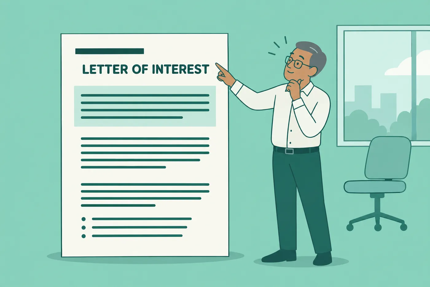 A man in his sixties points to a giant letter of interest, highlighting its structure for an article on career search.