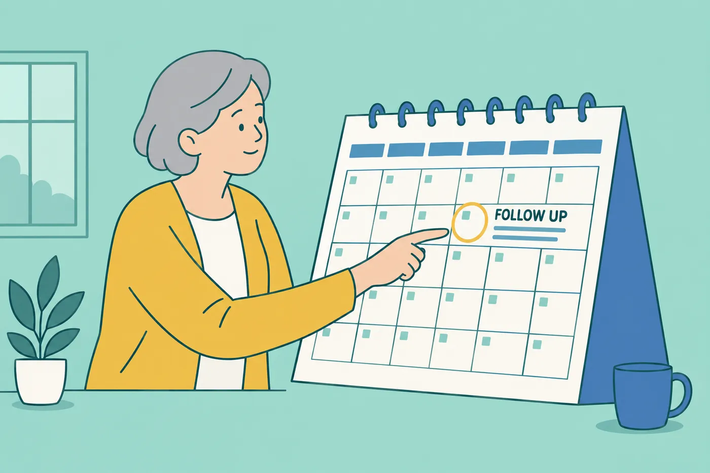 A woman in her sixties points to a circled date on a giant calendar, illustrating how to set a follow-up date.