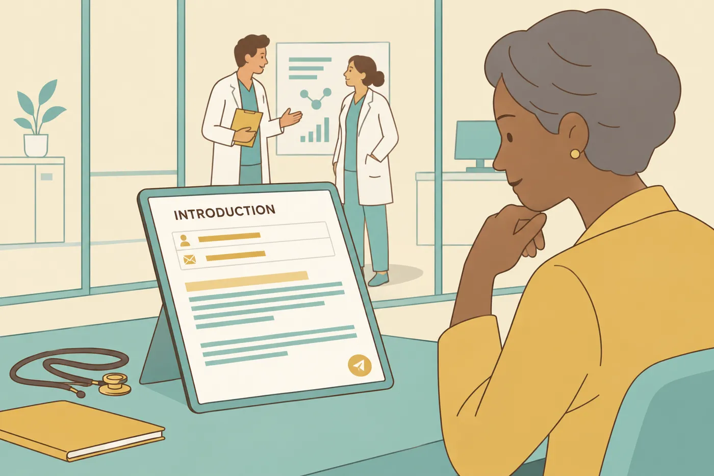 A healthcare professional drafts an introduction email on her tablet, for an article on writing strong opening lines.