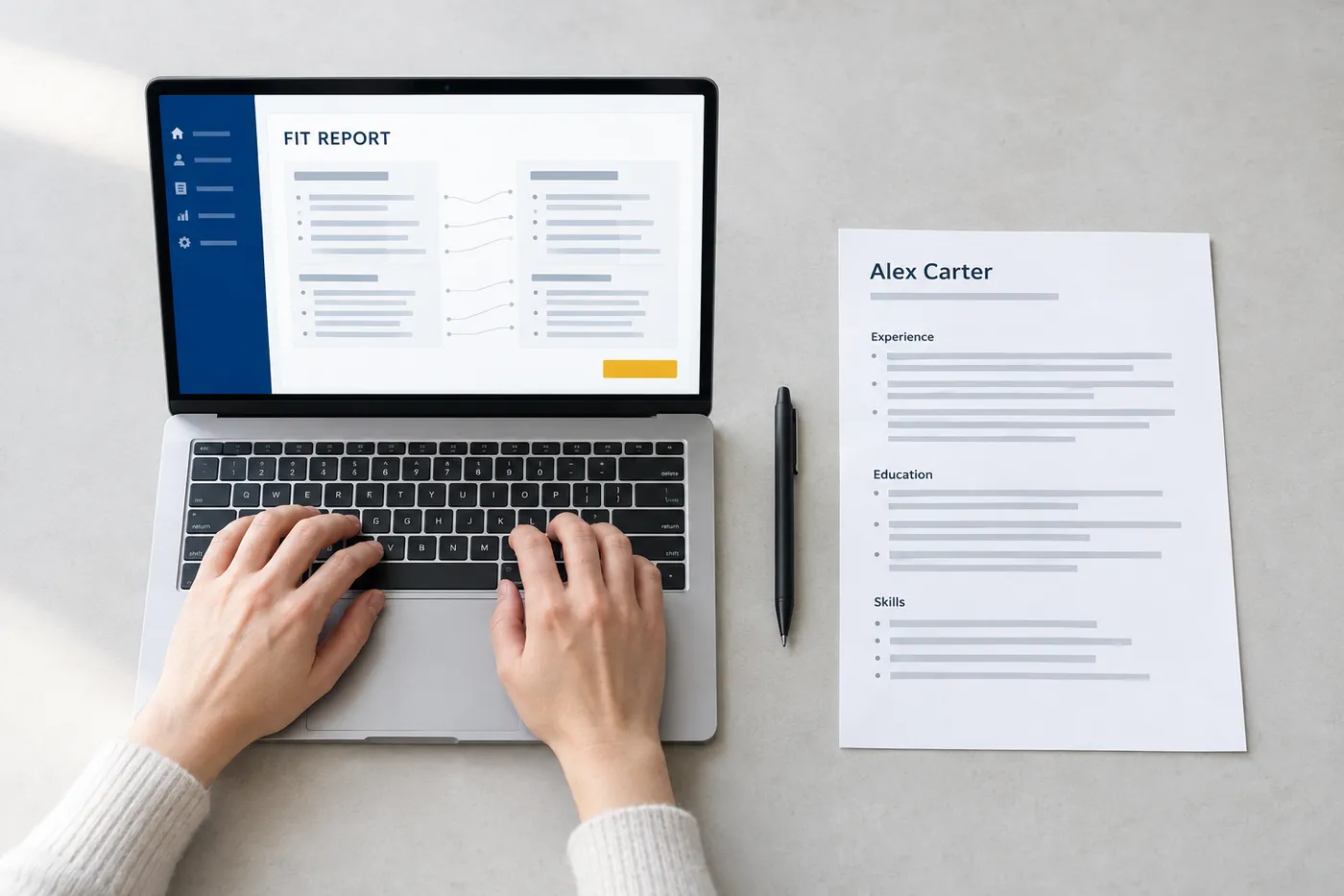 A laptop displaying a career fit report next to a printed career-switcher cover letter, illustrating strategic alignment.