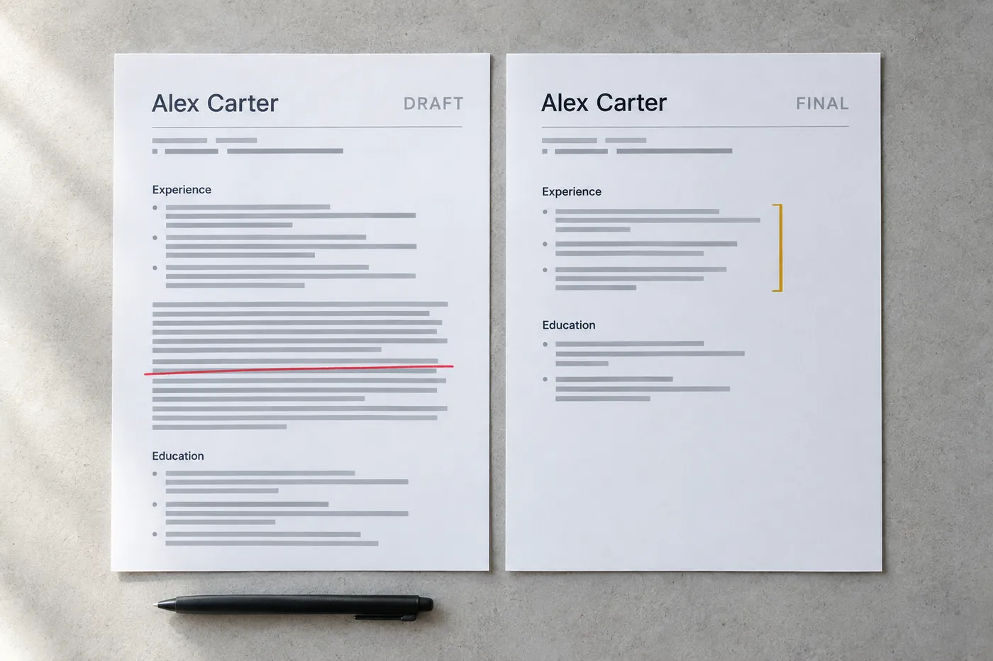 Two printed cover letter drafts side-by-side on a desk, comparing a long fluffy draft to a concise, final version.