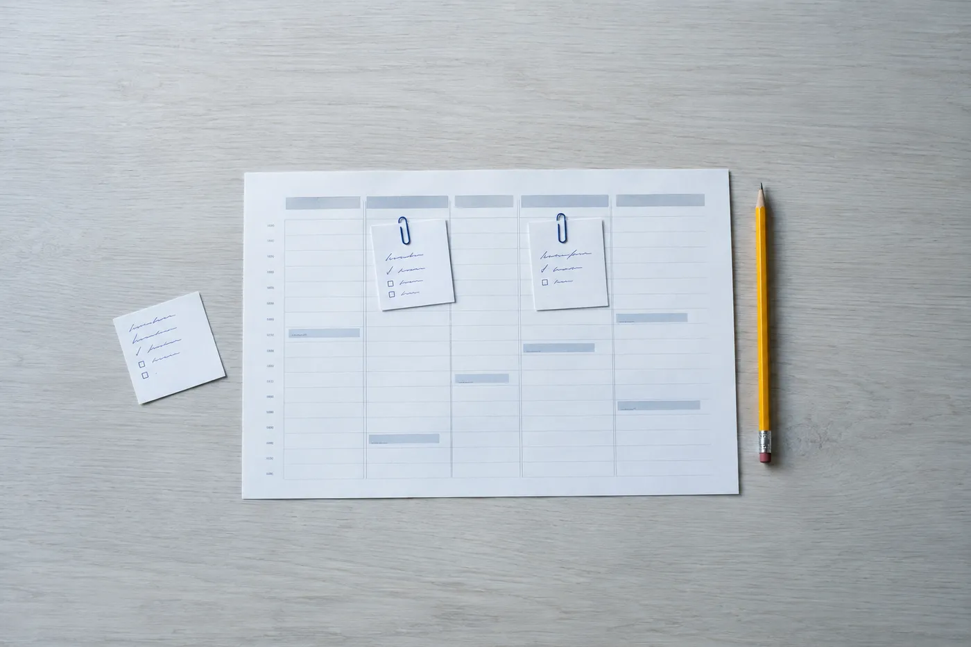 A printed marketing calendar on a grey desk with small project cards clipped neatly to it, representing organized entry-level experience.