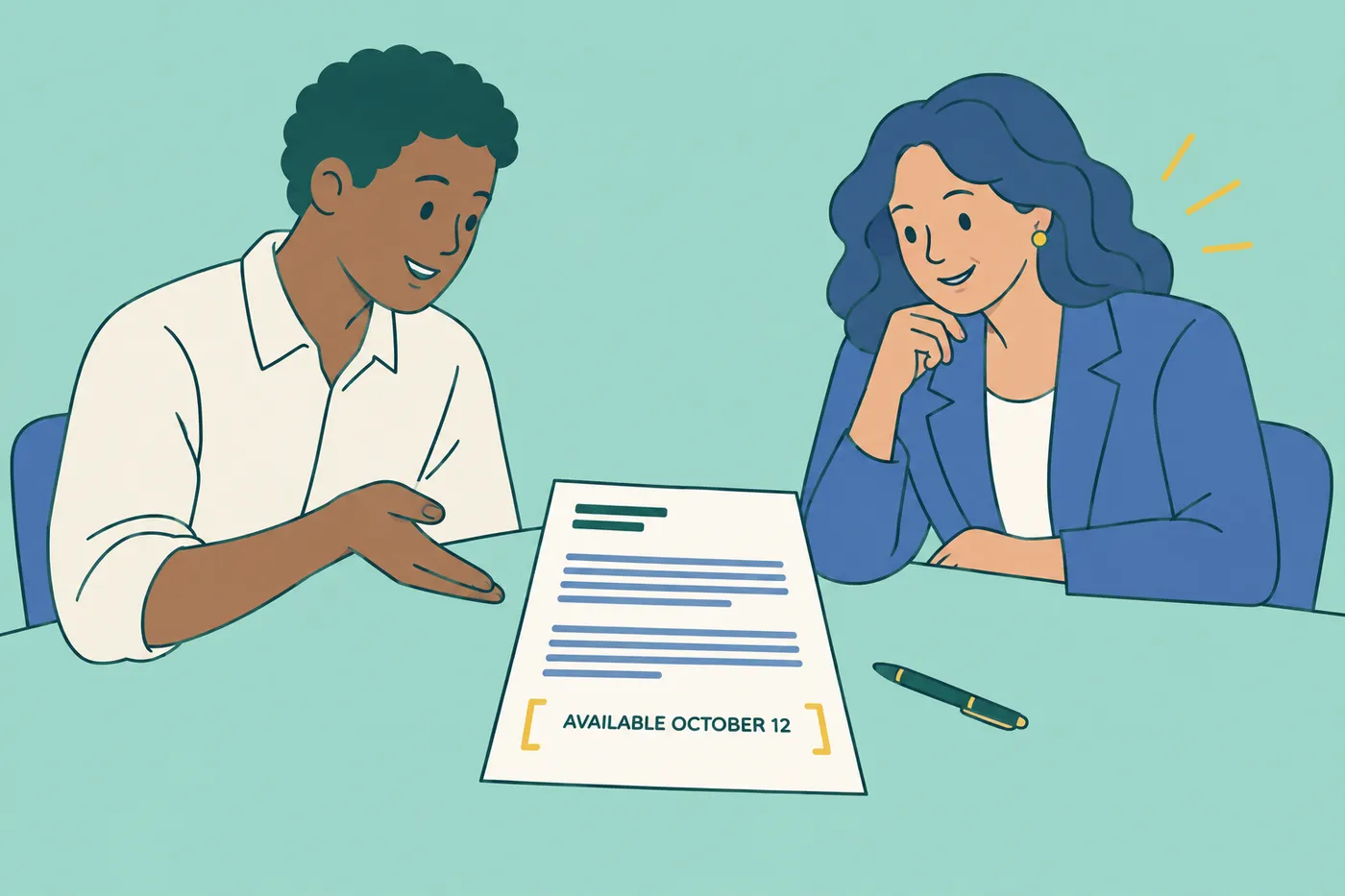 A job candidate and an interviewer look at a cover letter that clearly states a specific availability date.