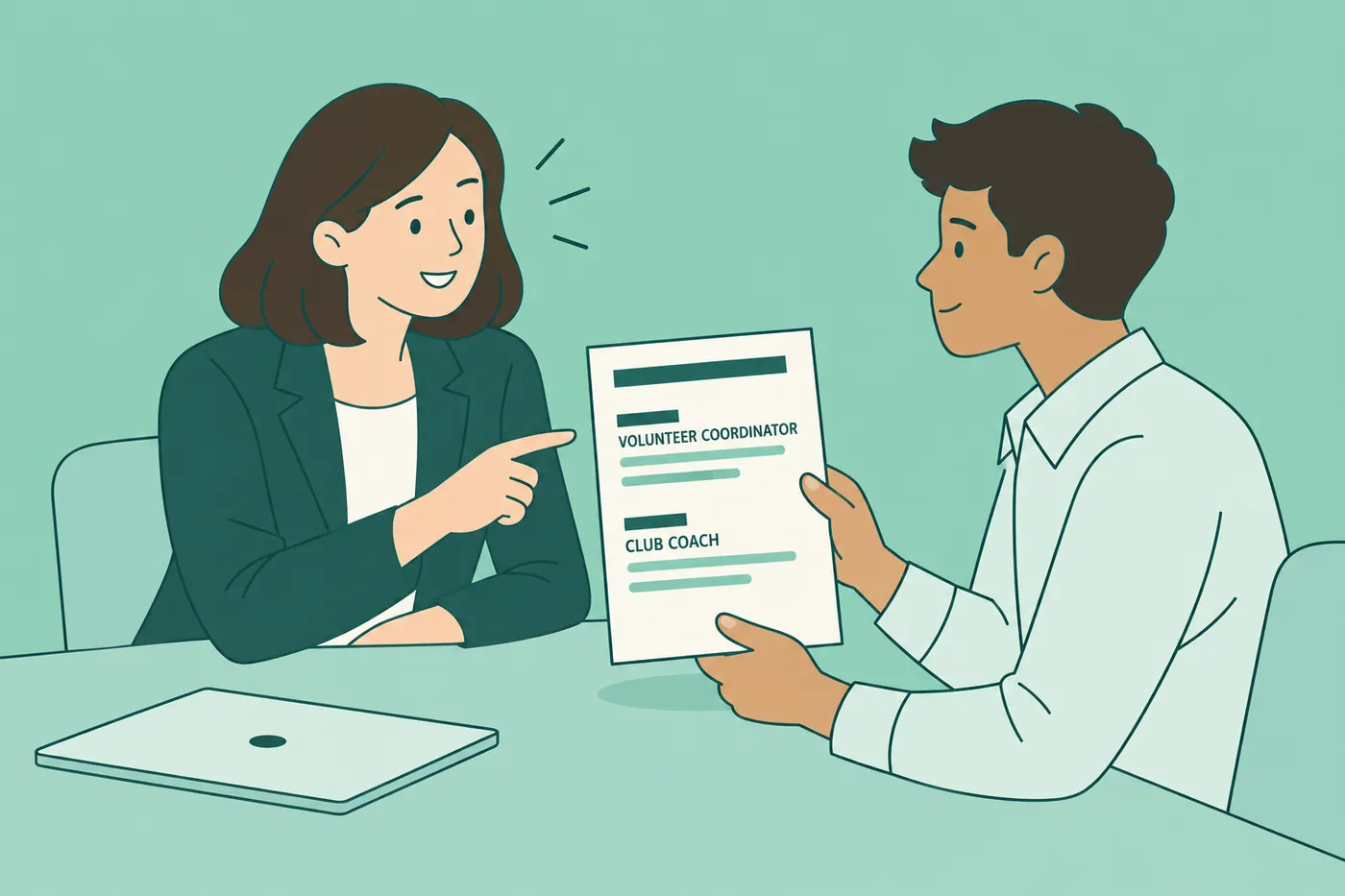 A job seeker and a career advisor review a reference list featuring a volunteer coordinator and a club coach.