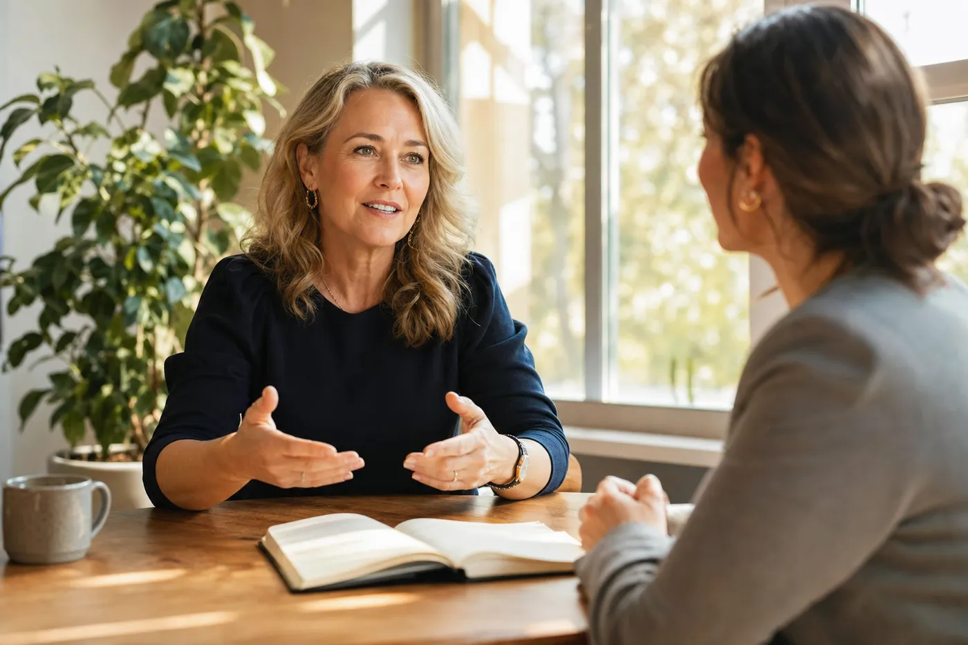 An experienced professional mentoring a younger colleague in a sunlit office, embodying stability and guidance.