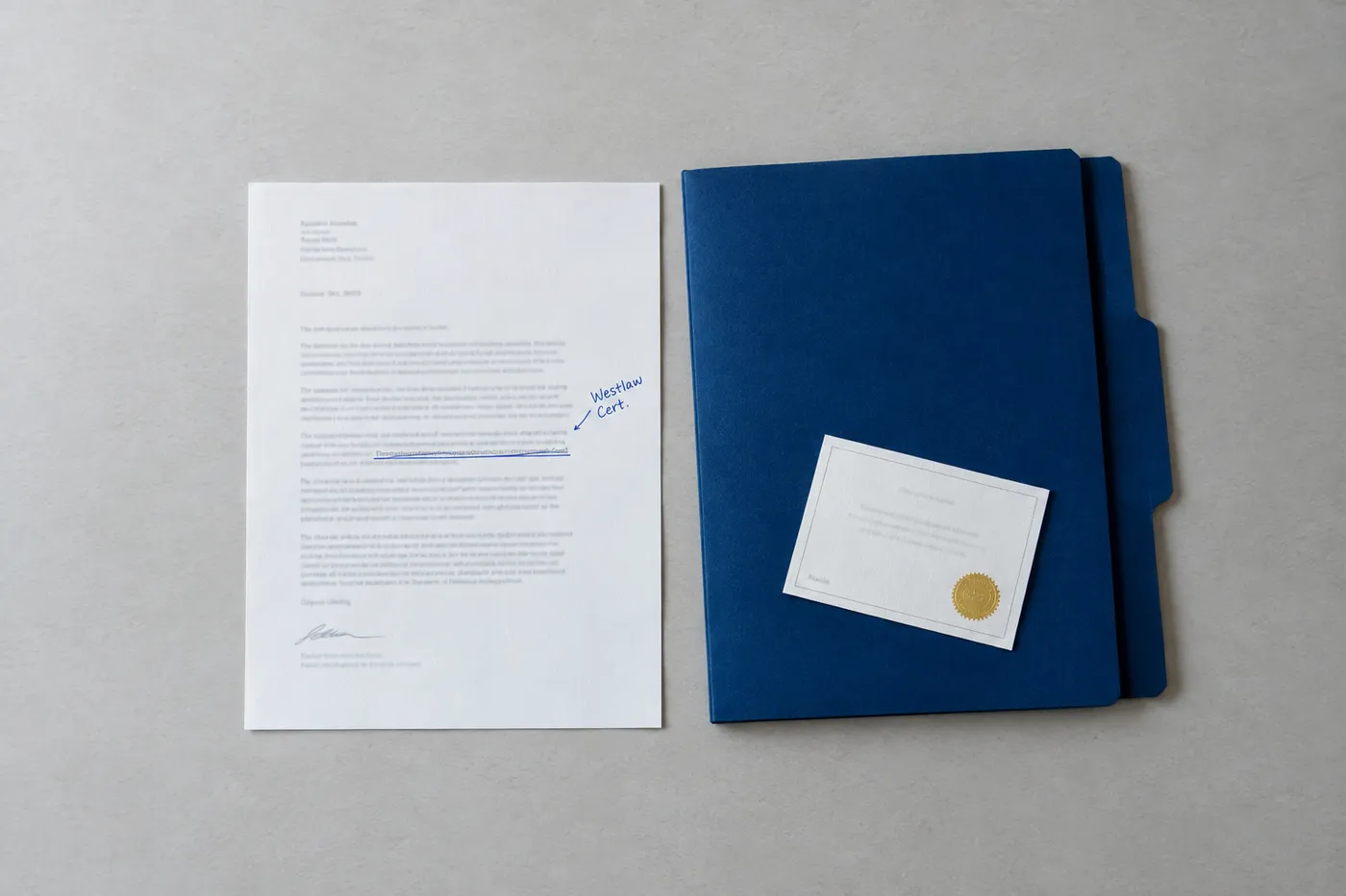 An overhead view of a paralegal cover letter with a blue ink margin note, alongside a certification card with a yellow seal.