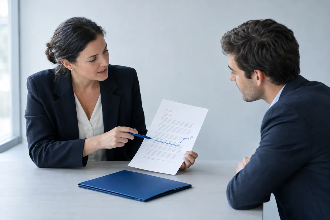 An interviewer pointing to a marked-up paragraph on a paralegal cover letter during a candid meeting.