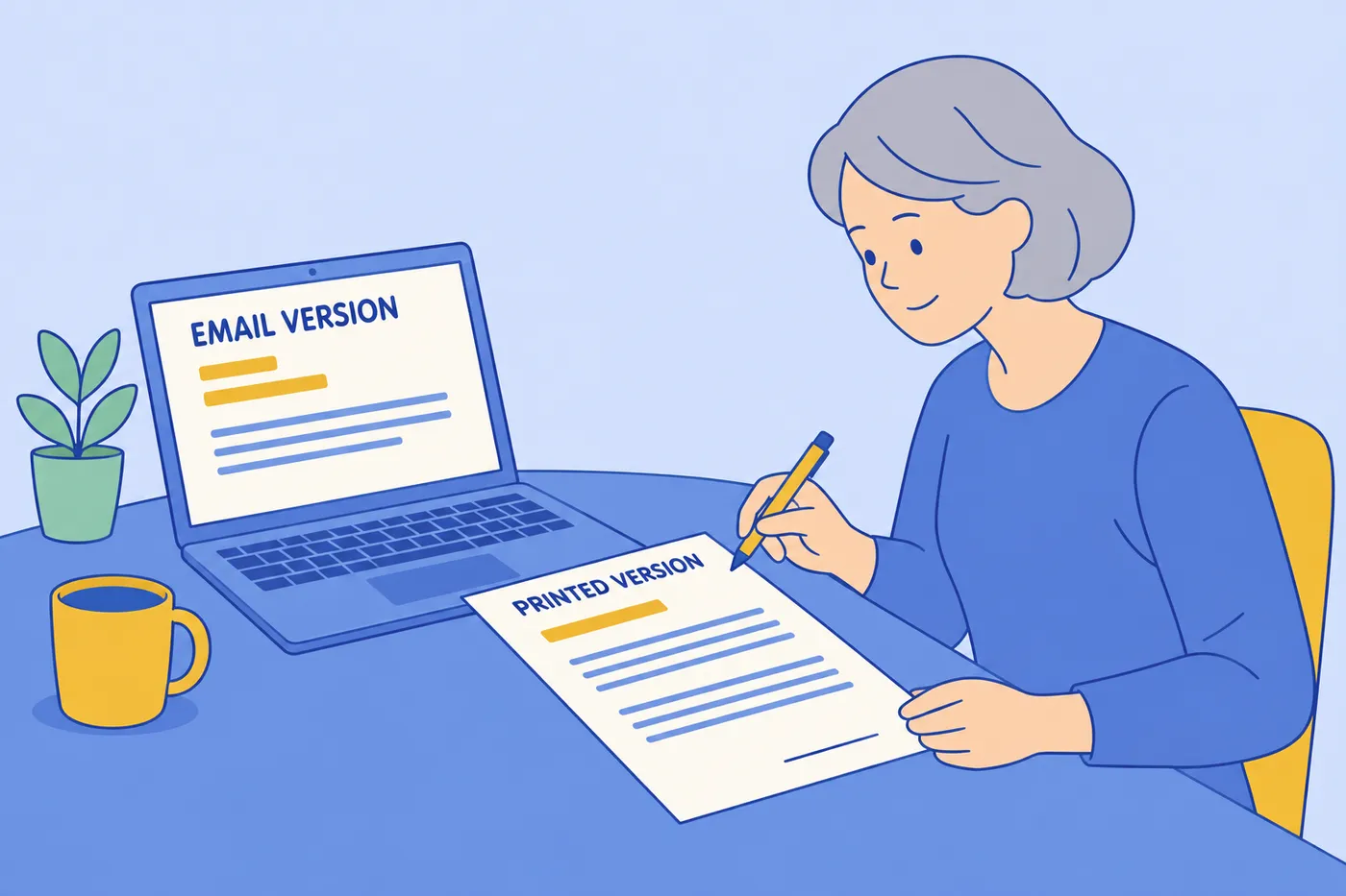 A job seeker in her sixties compares a short email cover letter on her laptop with a longer printed version on her desk.