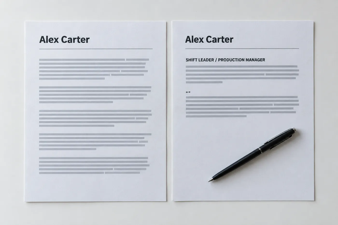 Two printed cover letters comparing a dense long version to a concise two-paragraph version highlighting promotions.