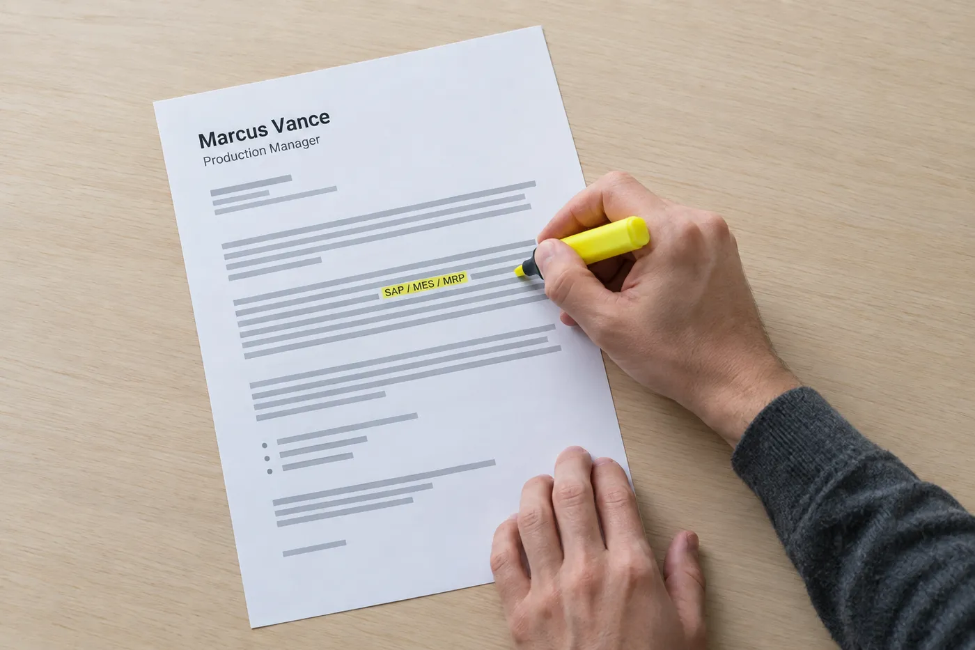 Hands highlighting the acronyms SAP, MES, and MRP on a printed production manager cover letter.