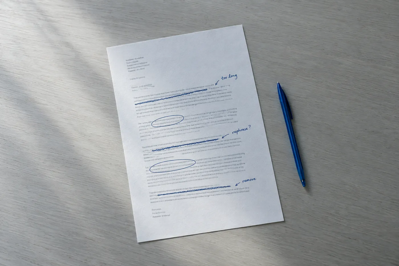 A printed cover letter on a grey desk with five wordy sections crossed out in blue ink, illustrating editing mistakes.