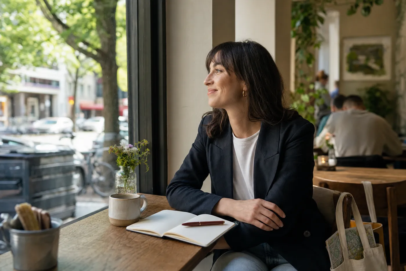 A professional smiles warmly looking out a café window, symbolizing a successful transition and connection to a new city.