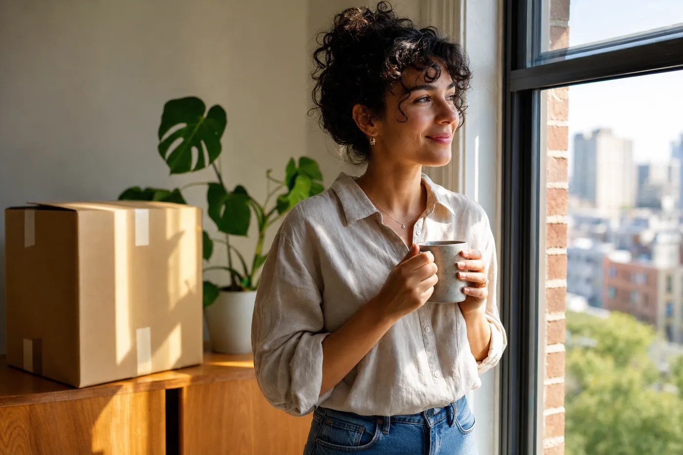 A professional looks out a sunny window in a partially packed apartment, ready to relocate for a new job.