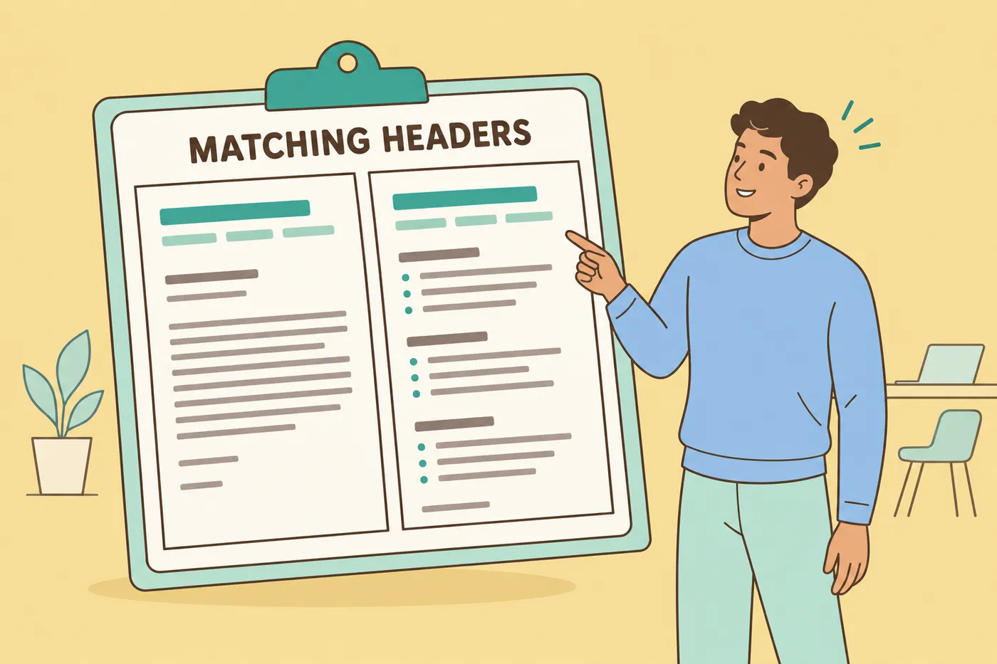 A job seeker points to matching headers on a giant resume and cover letter, showing how to make them a cohesive set.