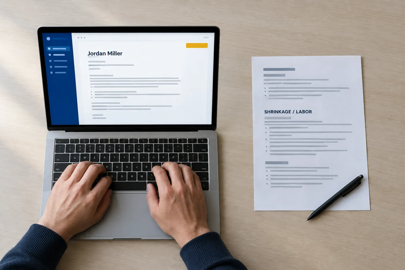 A retail cover letter draft on a laptop alongside a printed job description highlighting shrinkage and labor metrics.