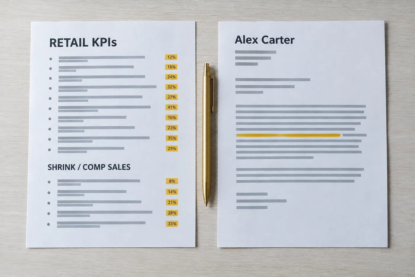 Two printed pages showing retail KPIs side-by-side with a drafted cover letter, illustrating how to use real sales metrics.
