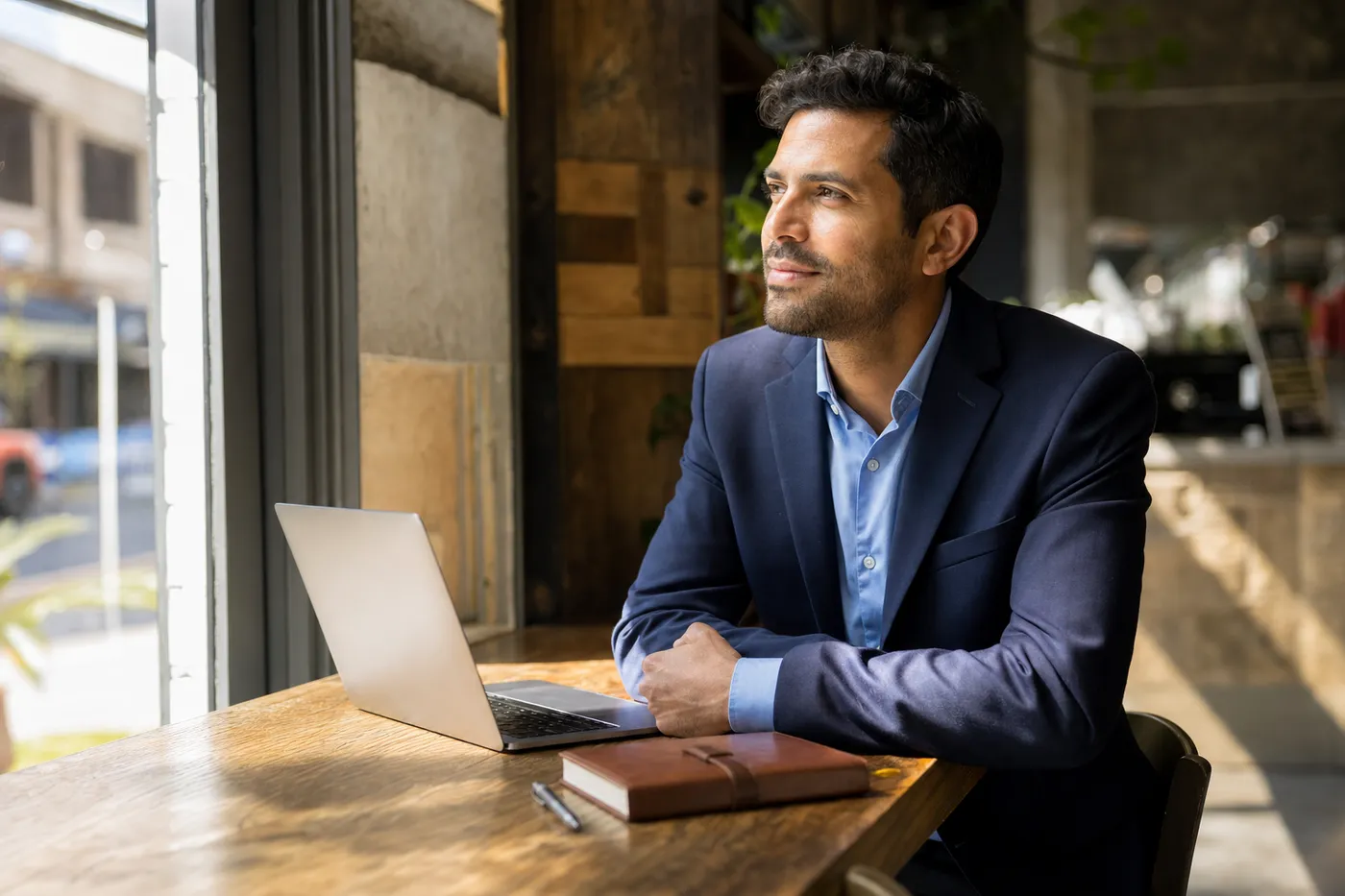 A professional reflecting on his career growth in a sunlit café, preparing to return to a previous employer.