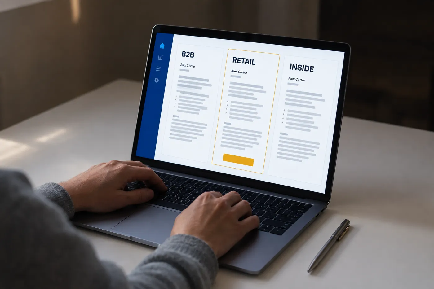 A laptop screen displaying three side-by-side cover letter templates for B2B, retail, and inside sales manager roles.