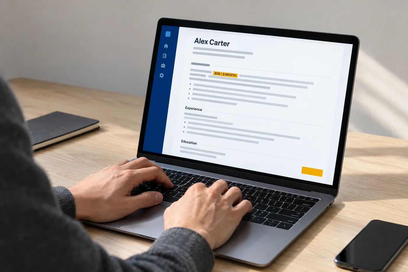 A cover letter draft on a laptop screen with a highlighted B2B 9-month sales cycle metric, for a sales manager job application.