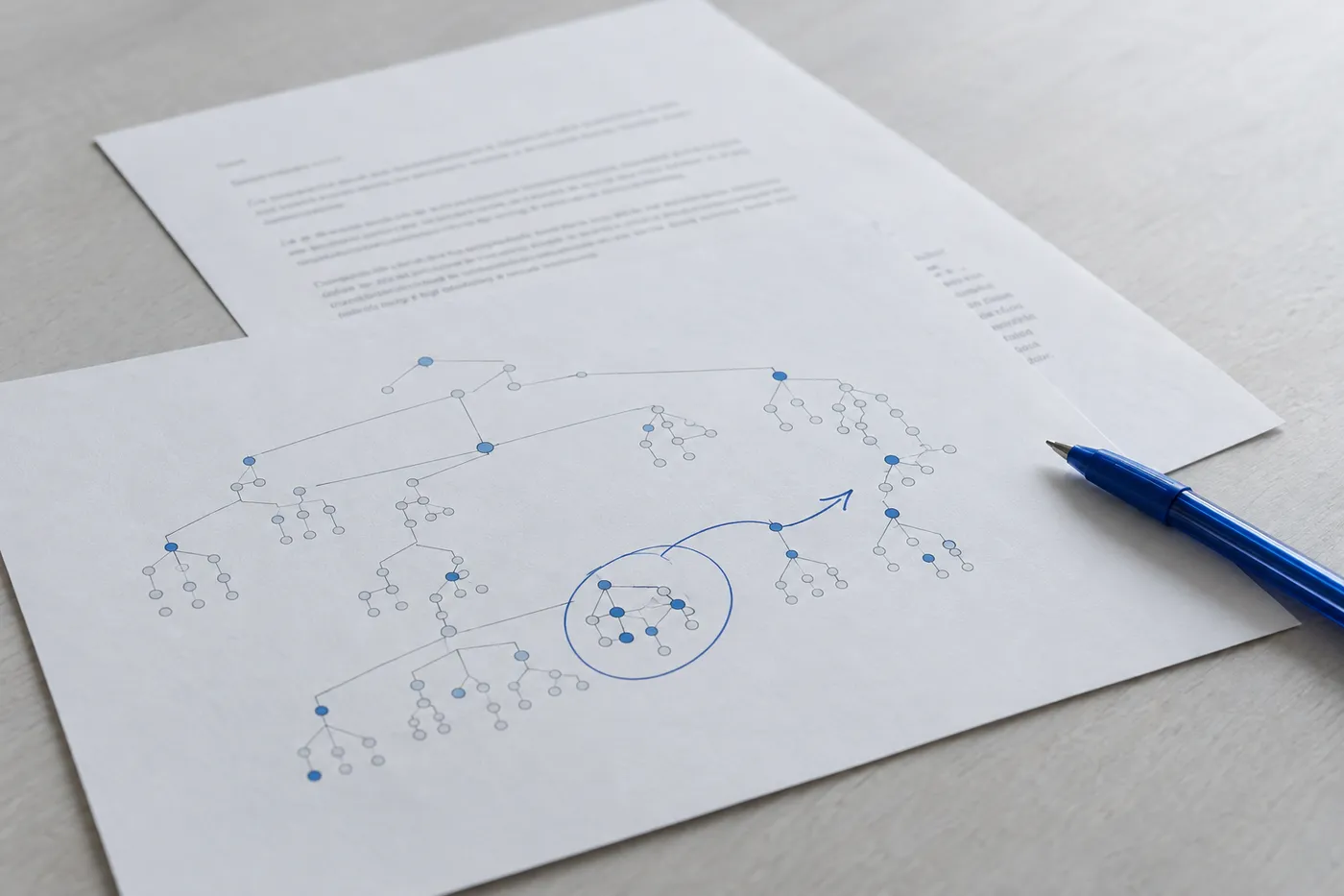 A technical site-crawl map with handwritten blue ink corrections lies over a cover letter on a grey desk.