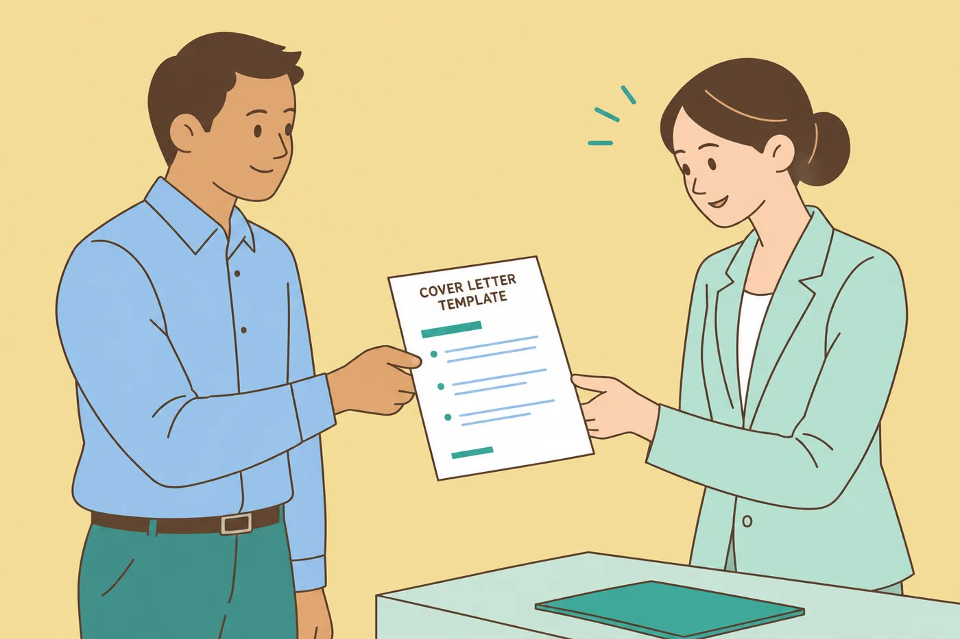 A job candidate hands a short, three-paragraph cover letter template to a hiring manager.