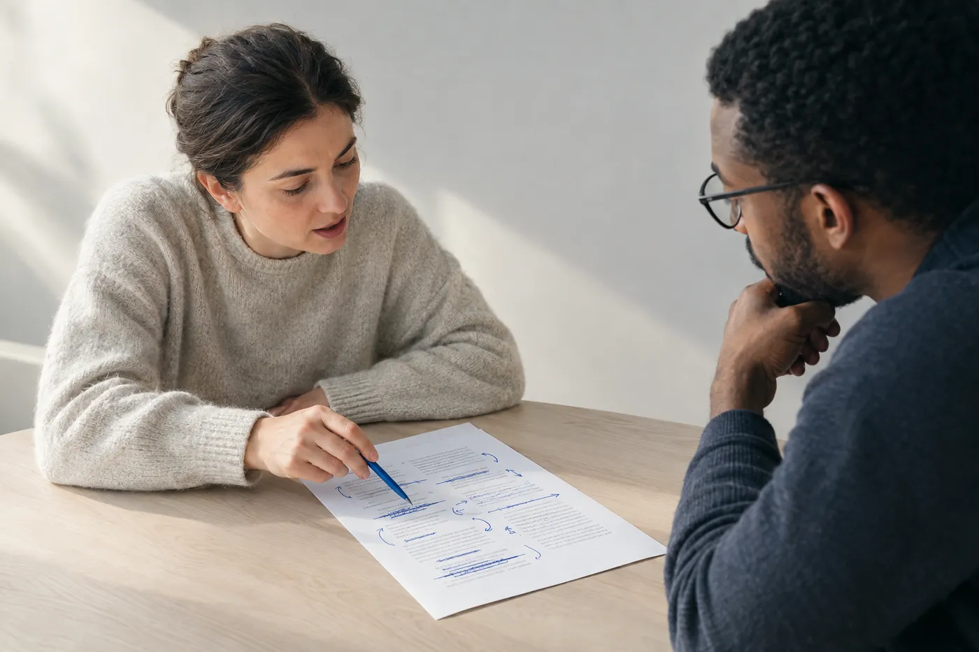 Two professionals discussing a heavily edited document, illustrating how to communicate about technical debt and refactoring.