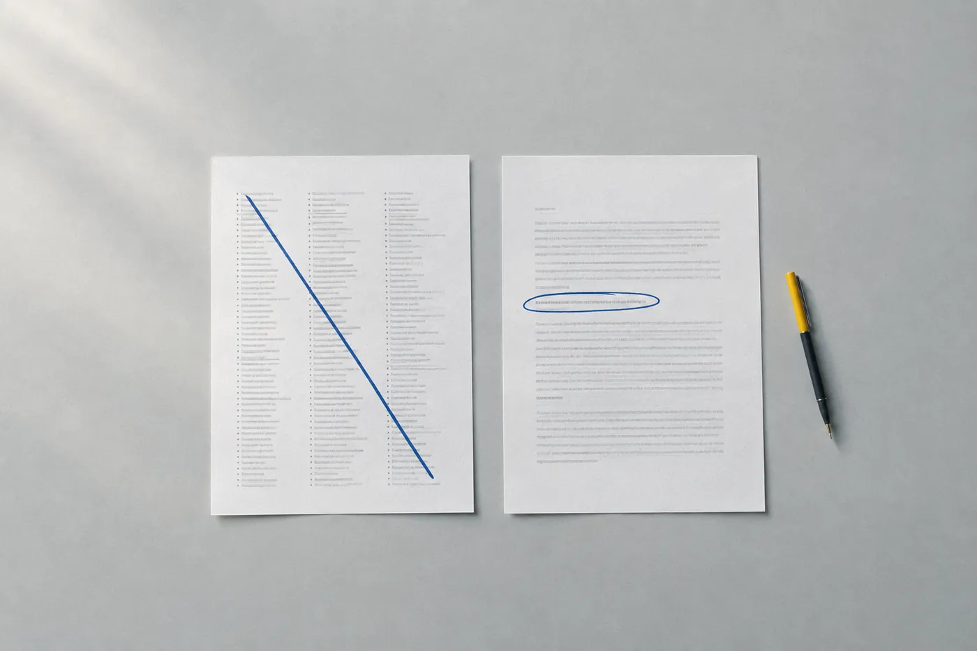 Two pages on a grey desk; one has a long list of skills crossed out in blue, the other highlights a single achievement.