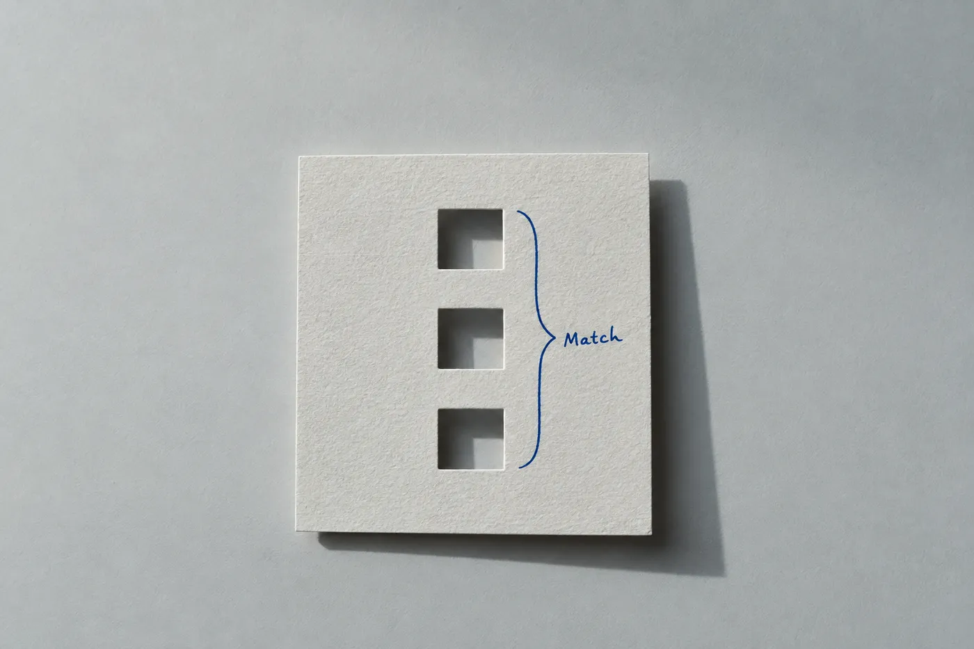 A paper stencil with three cutouts bracketed in blue ink, showing how to align developer projects with job requirements.