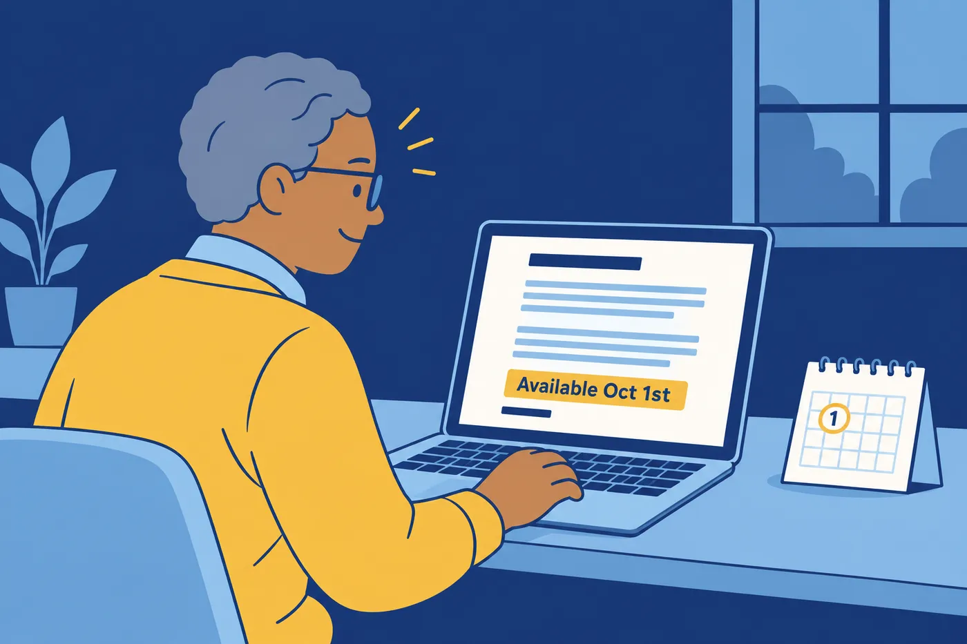 A job seeker in his sixties updates his cover letter on a laptop, highlighting a clear start date of October first.