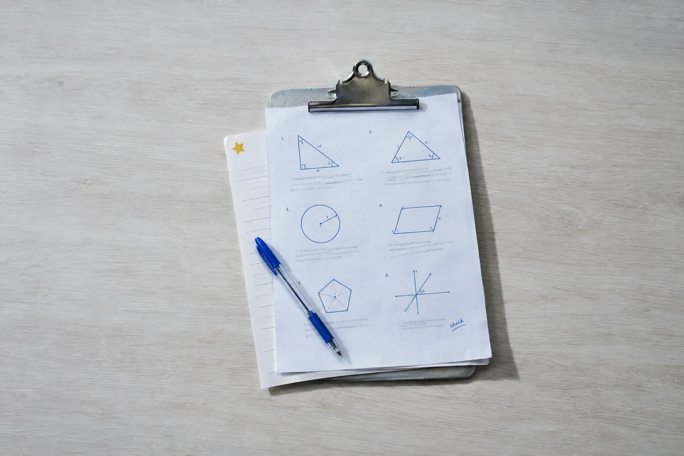 A clipboard holding a high school worksheet and a primary school paper with a yellow star, showing substitute adaptability.
