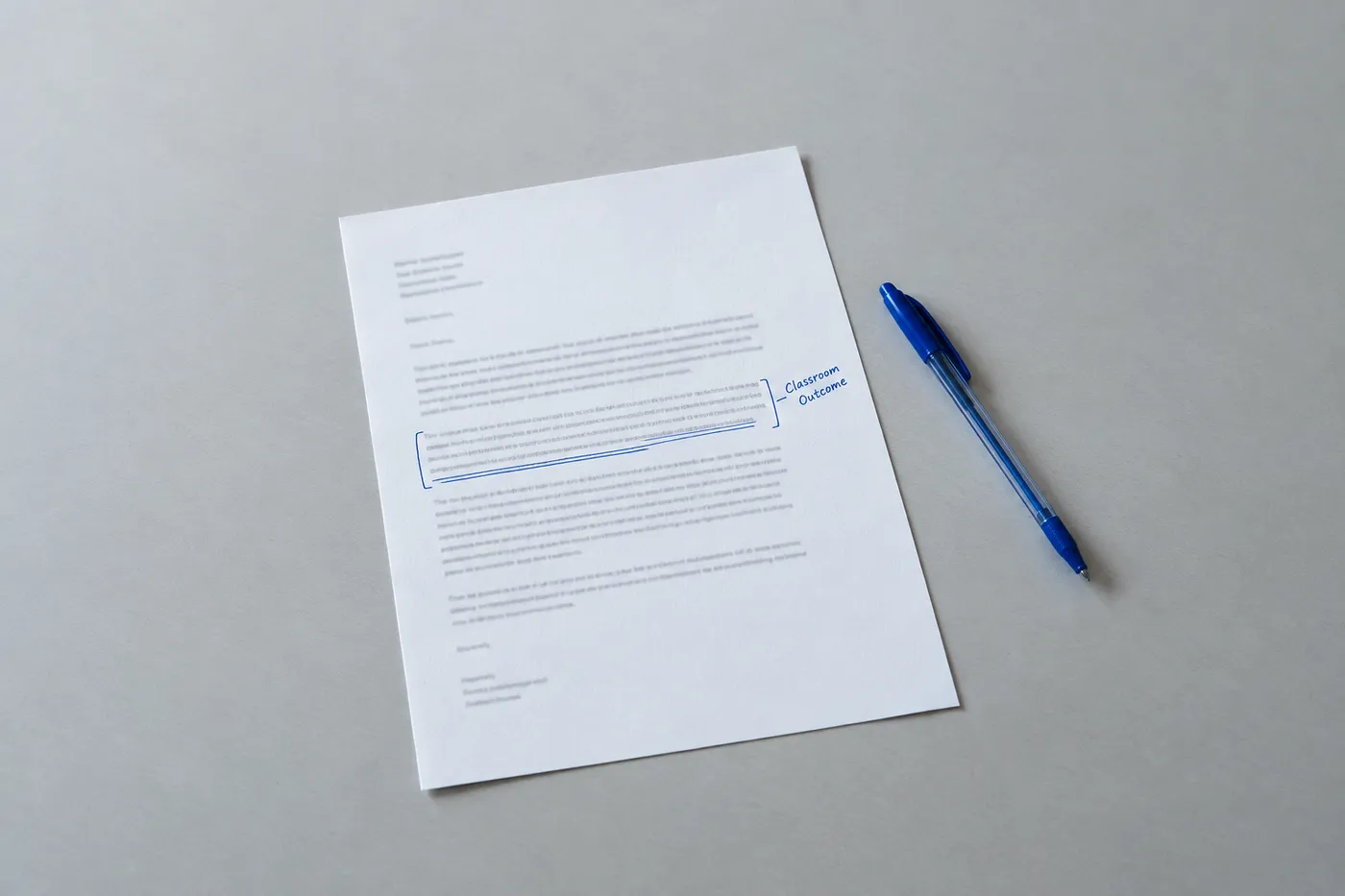 An annotated teacher cover letter on a desk, with a specific classroom outcome underlined and labeled in blue ink.
