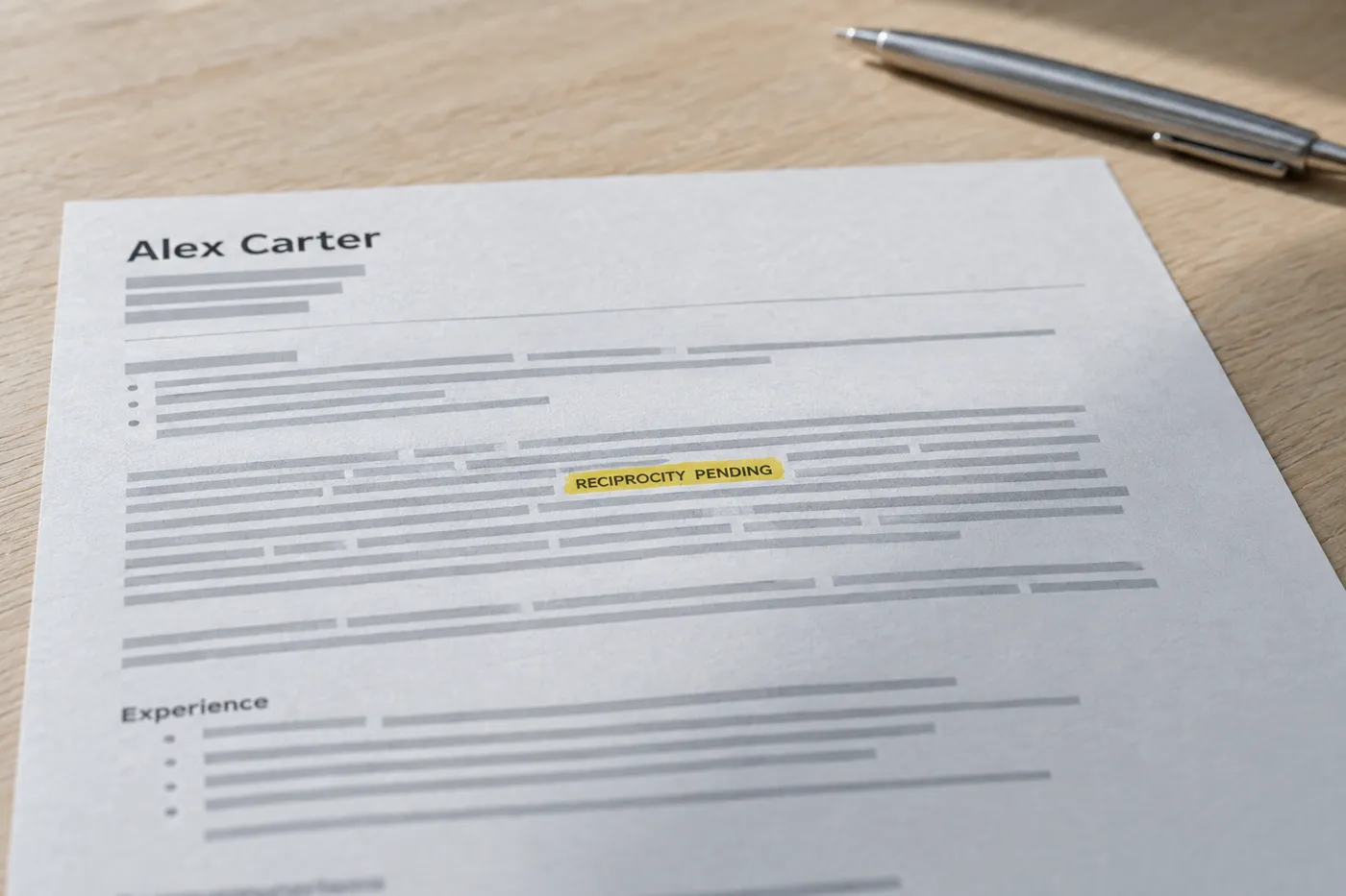 A printed teacher cover letter with the words 'RECIPROCITY PENDING' highlighted, demonstrating out-of-state certification.