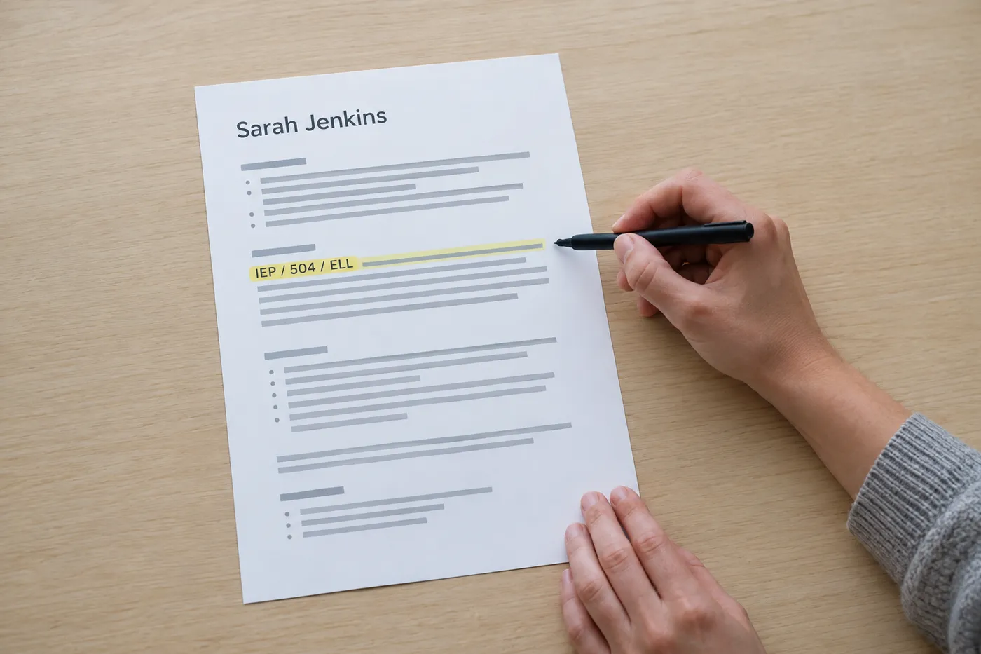 A printed teacher cover letter with a highlighted paragraph starting with IEP / 504 / ELL on a wooden desk.