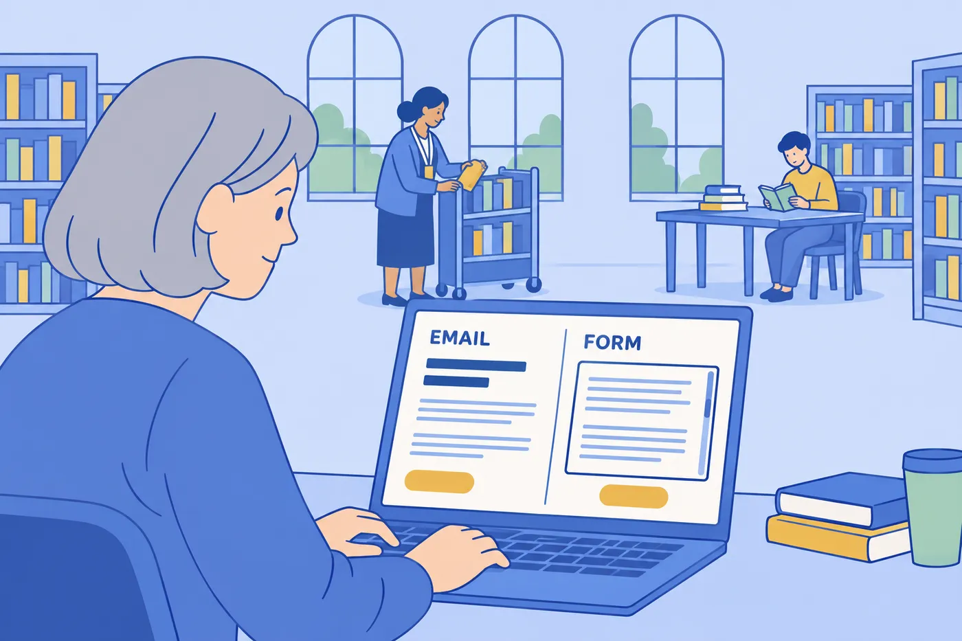 A woman drafts her cover letter as an email and a web form entry on her laptop in a library.