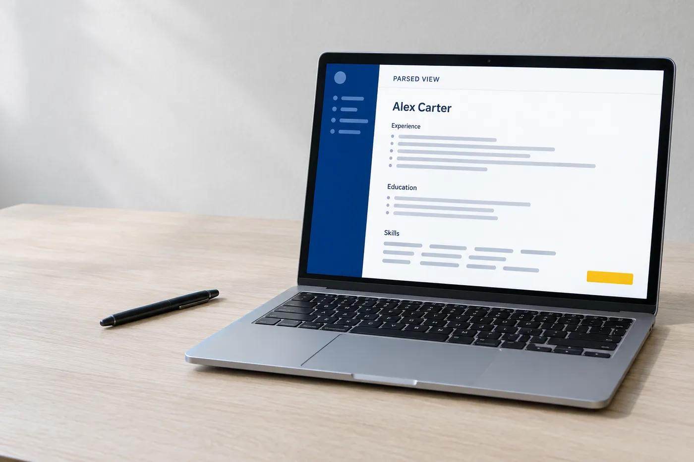 An open laptop on a desk showing a parsed candidate profile inside an applicant tracking system.