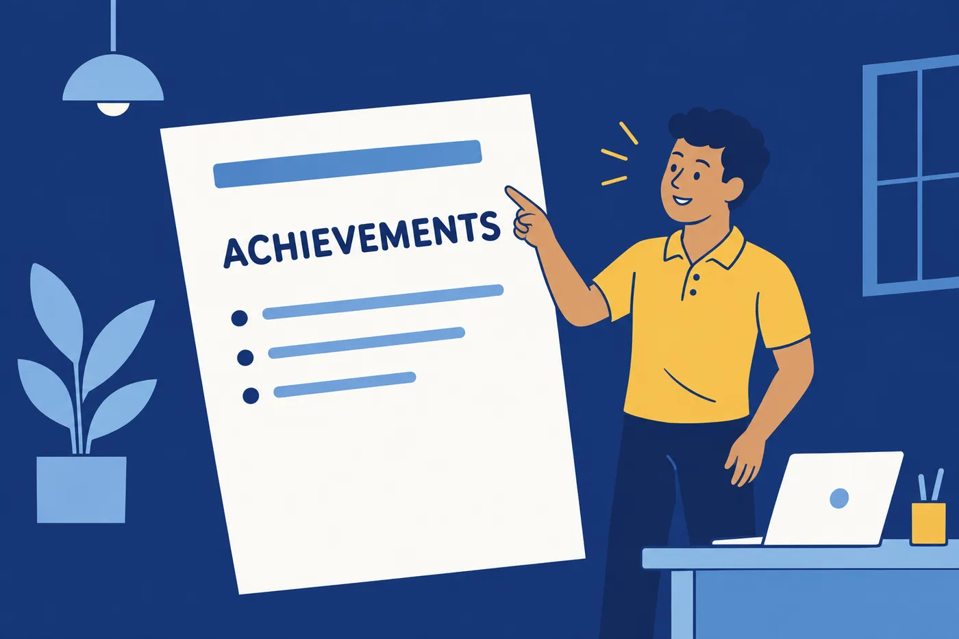 A job seeker points proudly to the Achievements section on a giant resume, illustrating what to list when you lack formal awards.