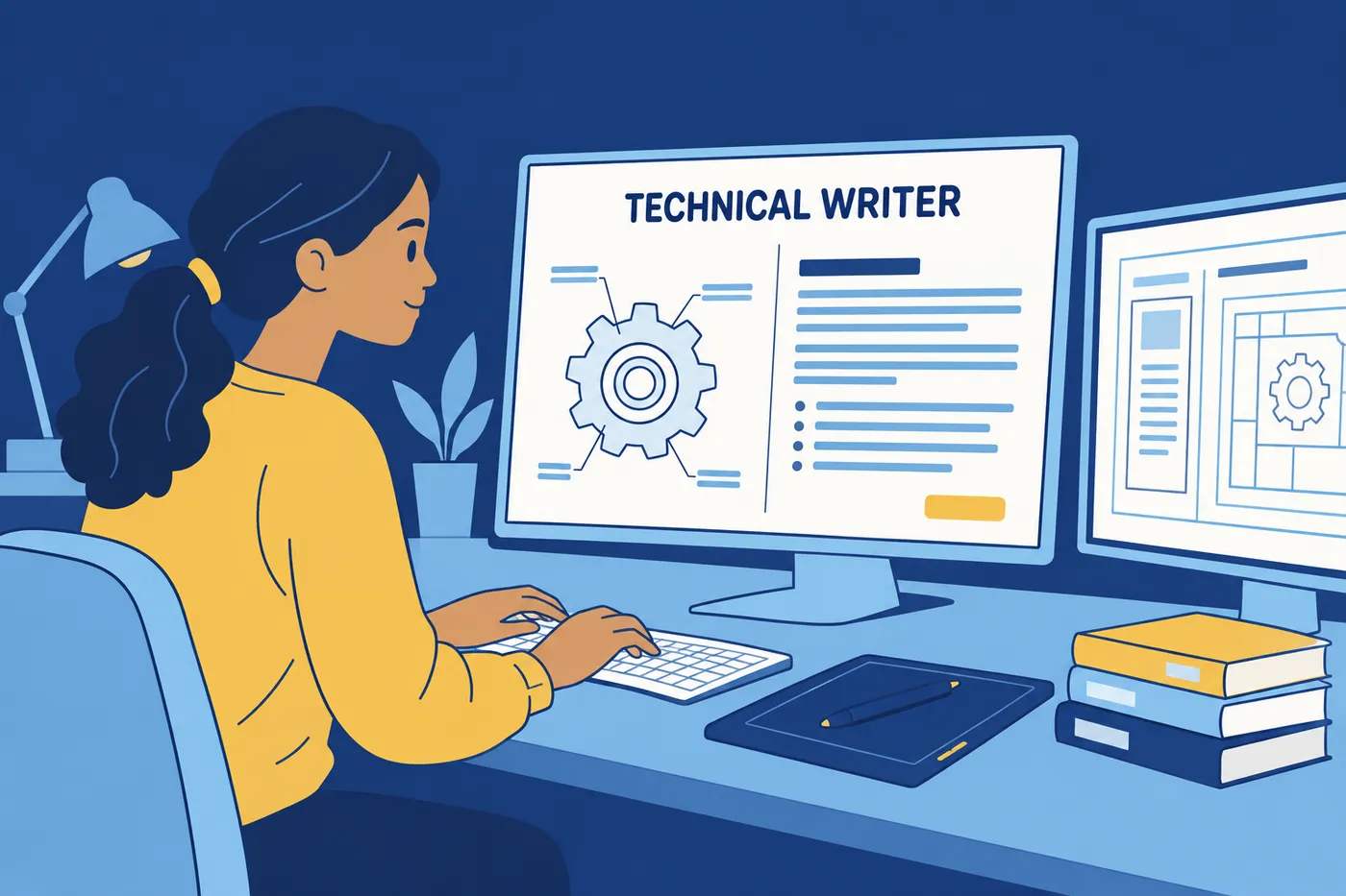 A technical writer with medium brown skin works on a detailed diagram and guide on her screen, representing quiet careers for introverts.