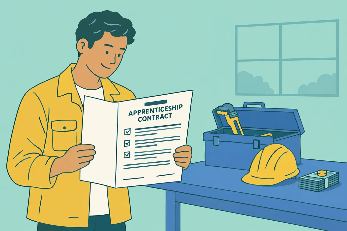 An apprentice holds a contract next to a toolbox, hard hat, and paycheck, illustrating paid trade apprenticeships.