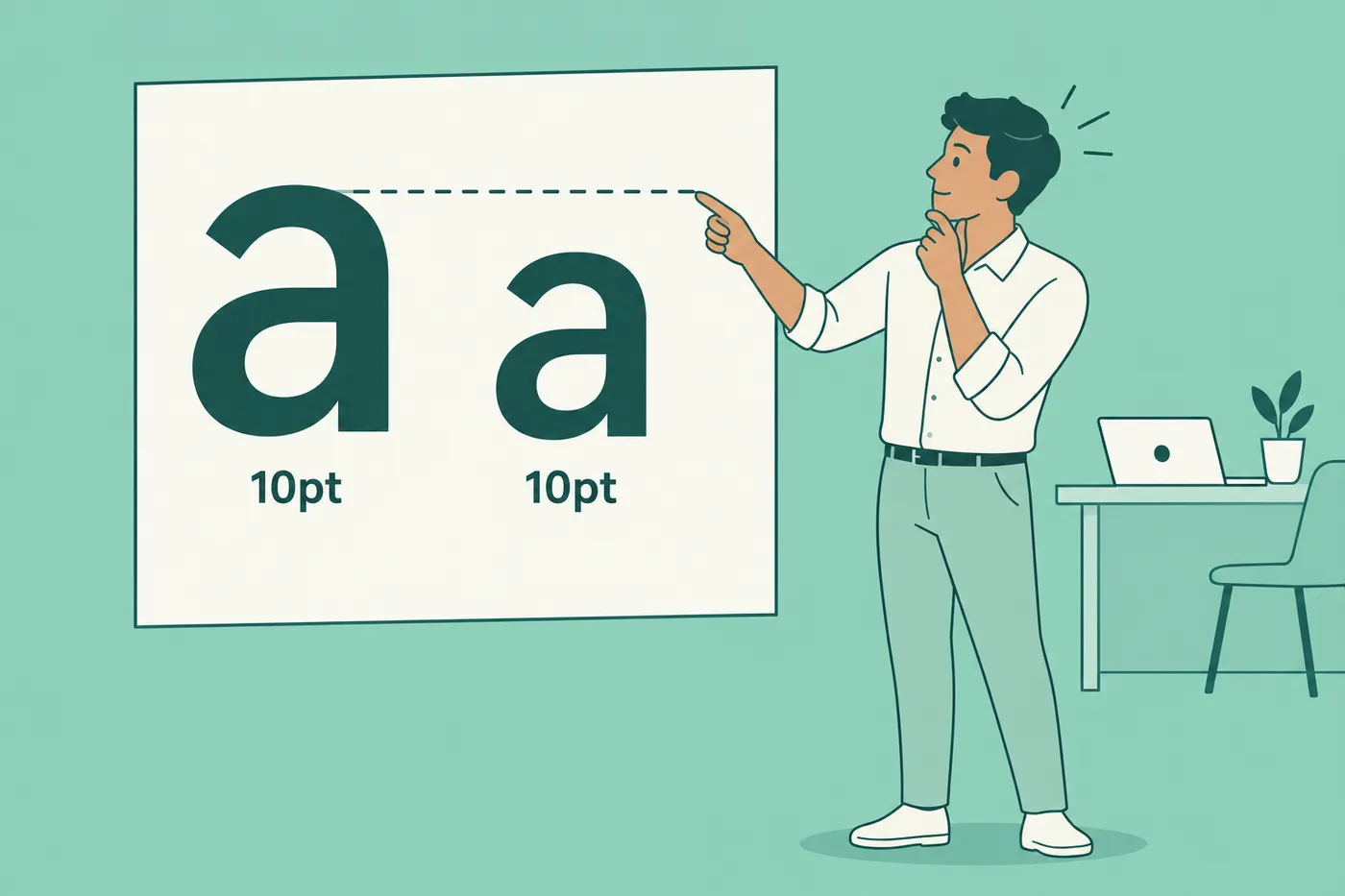 A job seeker points at a giant comparison board showing two different-sized letters both labeled ten point.