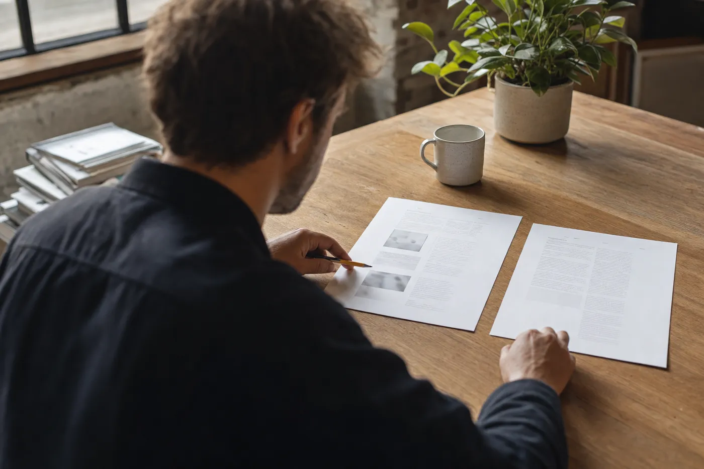 A professional compares printed layout pages on a wooden table, illustrating how font choice impacts resume spacing.