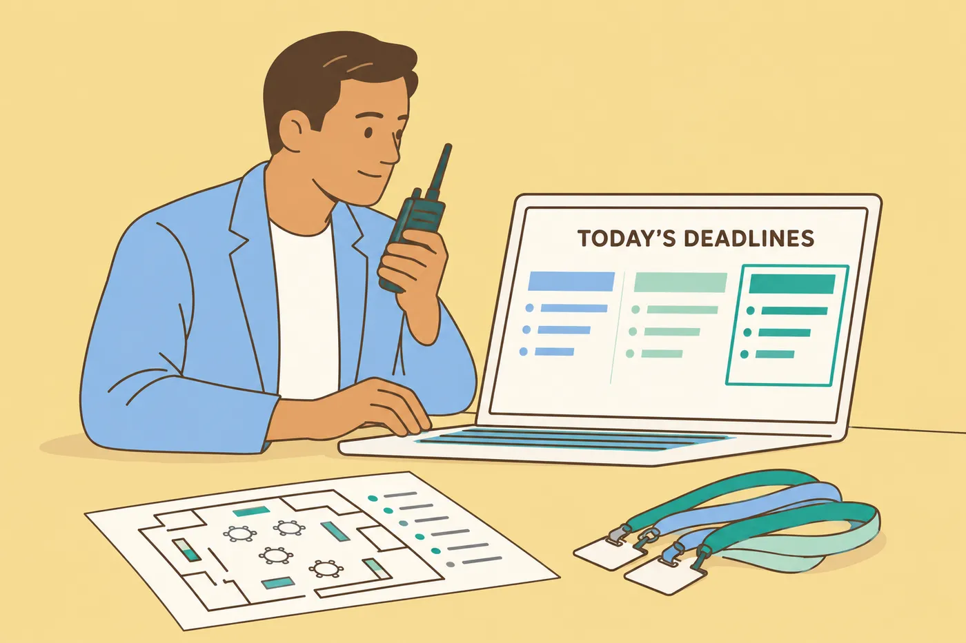 An event planner manages a tight schedule on his laptop under a heading for today's deadlines.