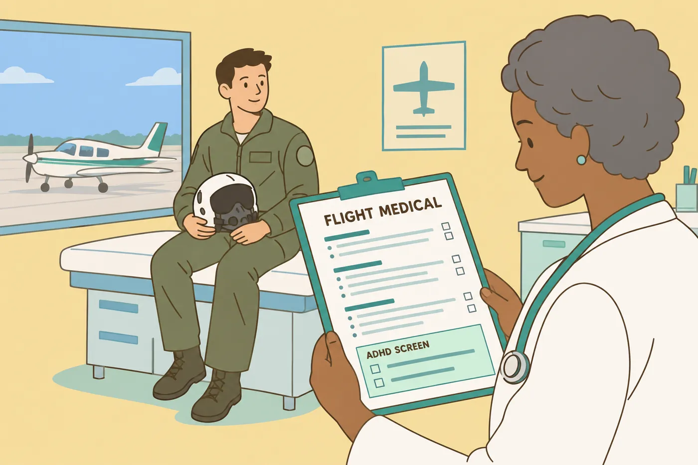 An aviation medical examiner reviews a flight medical form for a pilot, illustrating ADHD medical screening in aviation.
